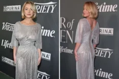 Ünlü oyuncu, altına sutyen giymediği elbisesi ile büyüledi